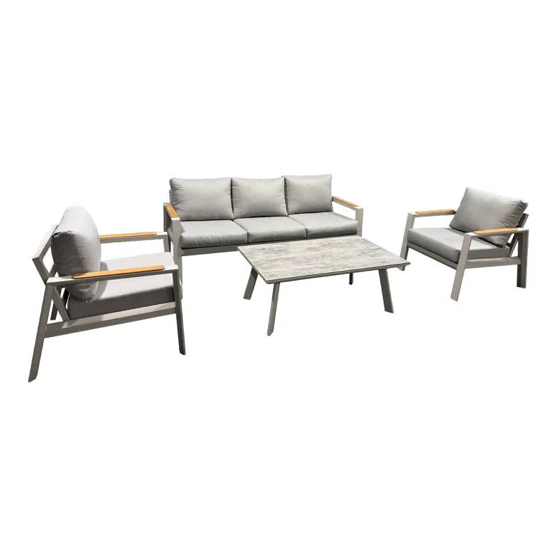 Set mobilier grădină Aeria, aluminiu, tec și țesătură gri, set 4 piese, bej, 201x89x74 cm - Bej