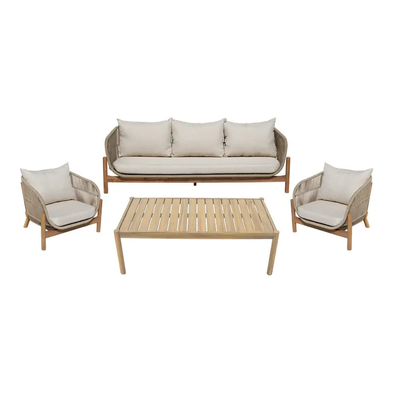 Set mobilier de exterior cu măsuță și canapele Verilan, lemn masiv de acacia și șnur, perne bej, variate, 214x77x70 cm - Natur