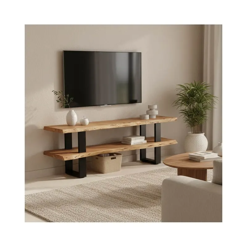 Dulap TV cu spatiu de depozitare Fuji, Lemn masiv de acacia, Natur, 140x40x52 cm - Natur