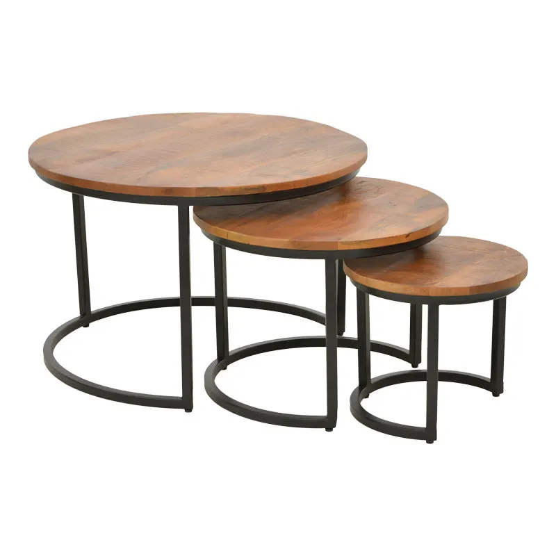 Set Masute de Cafea cu 3 Piese, Lemn de Mango și Picioare de metal, Nuanta Nuc, Diverse, 70x70x45 cm - Nuc