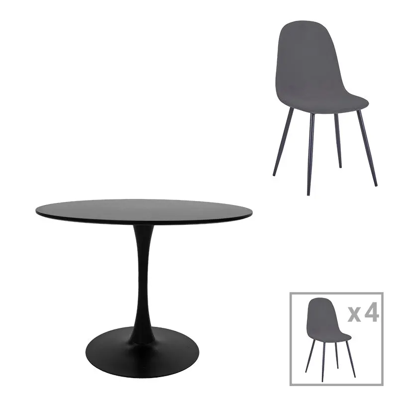 Masă de sufragerie cu scaune Bella-Balou, set 5 piese, /velur, culori, negru-antracit, 120x73 cm - Negru