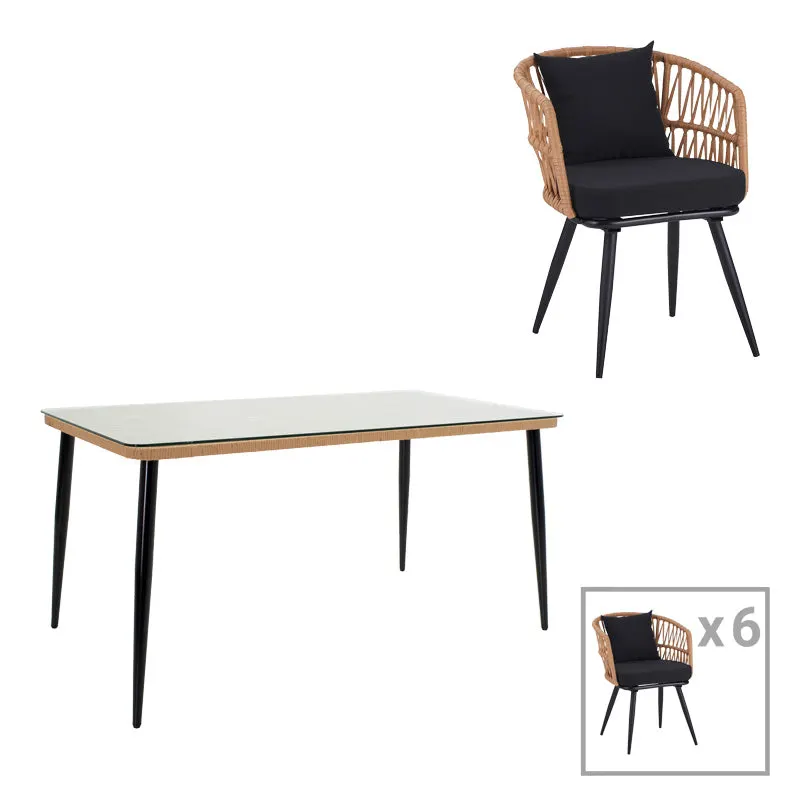 Set de Masa Naoki 7 bucati metal negru-pe Natural-sticla, 160x90x78 cm - Natur
