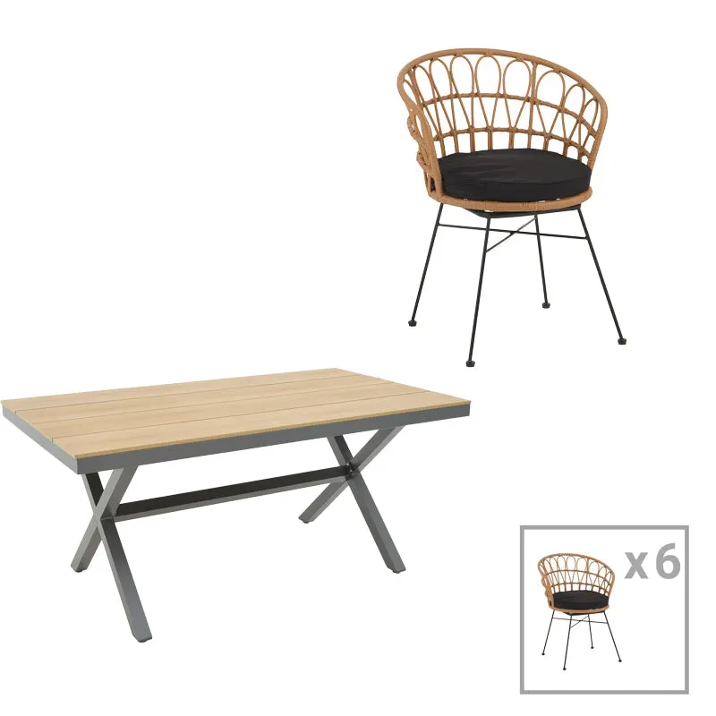Set masa de sufragerie Thorio-Felicia 7 antracit aluminiu si placaj, Natural, 160x90x75 cm - Antracit