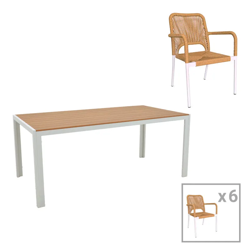 Set de 7 buc masa si scaune de gradina Nares-Norture B aluminiu alb si placaj, Natural, 180x90x72 cm - Alb