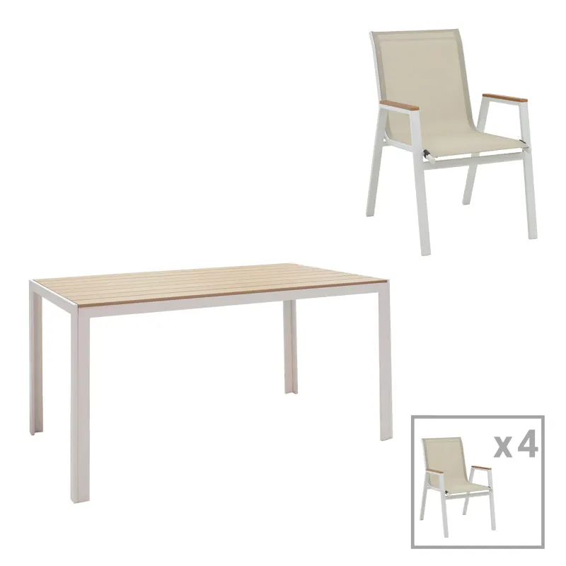 Masa de sufragerie Nares-Azelie Un set de 5 alb aluminiu si placaj, Natural, 140x80x72 cm - Alb