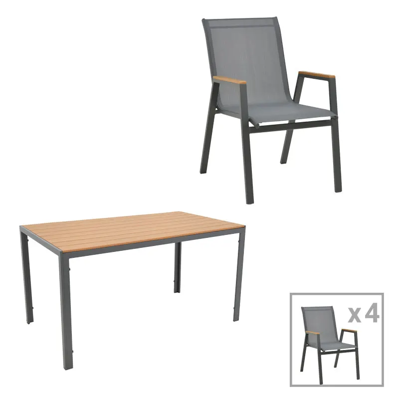 Masa de sufragerie Nares-Azelie C set 5 aluminiu antracit si textilena cu placaj, Natural, 140x80x72 cm - Antracit