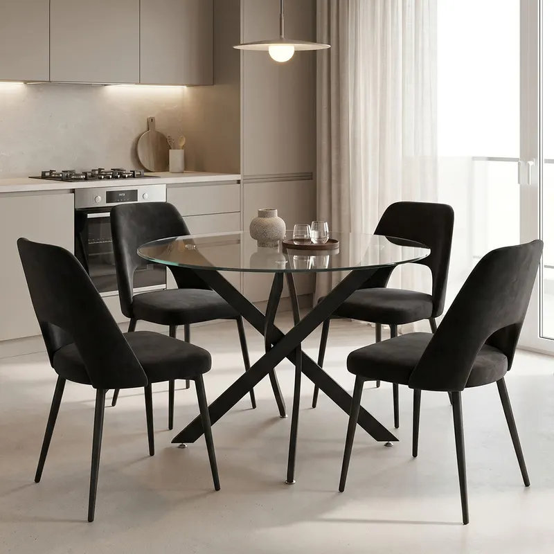 Set masa si scaune Murde Black, Metal, Negru, D100x75 cm - Negru