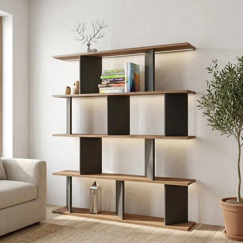 Biblioteca Ratu, Antracit-Stejar - Antracit-Nuc, 120x25x141 cm - Antracit-Stejar