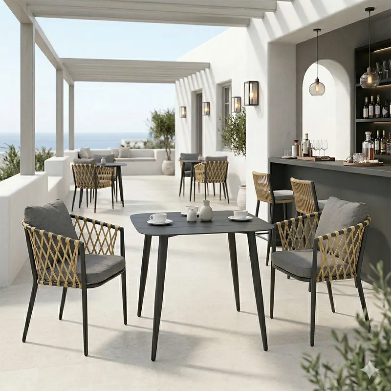 Set de sufragerie exterior Peluxe Vista, 3 piese, aluminiu si ratan PE, 80x80x72 cm - Antracit-Natural-Gri