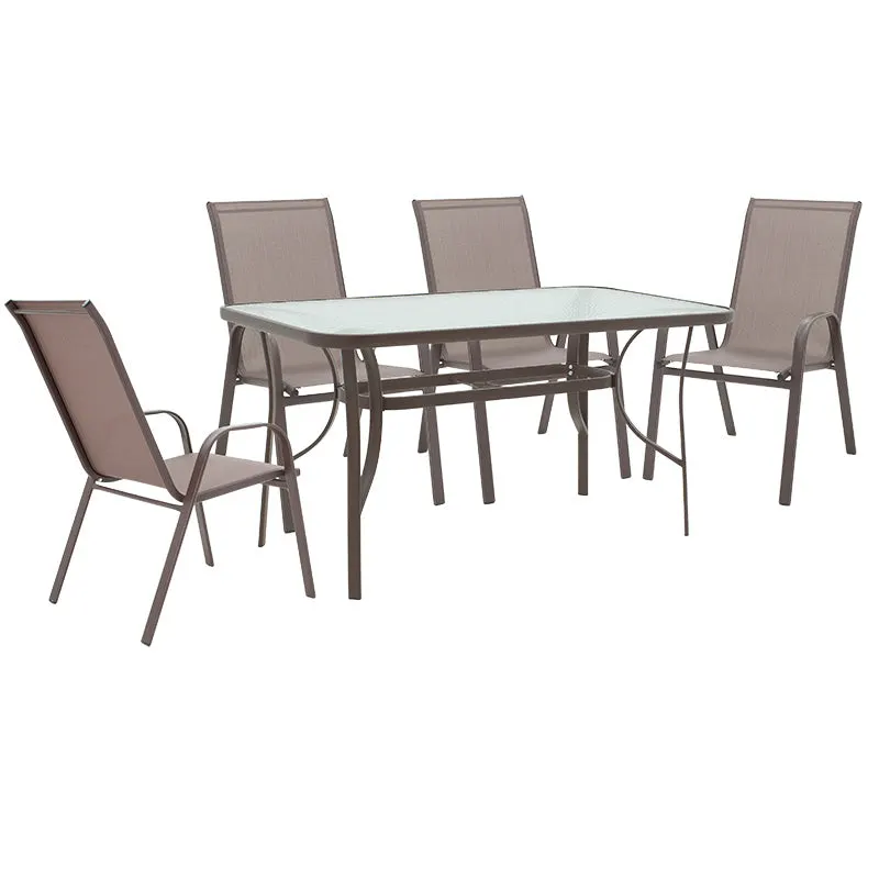 Set de luat masa 5 piese Ensure-Calan metal-sticla, Maro, 140x80x70 cm - Maro