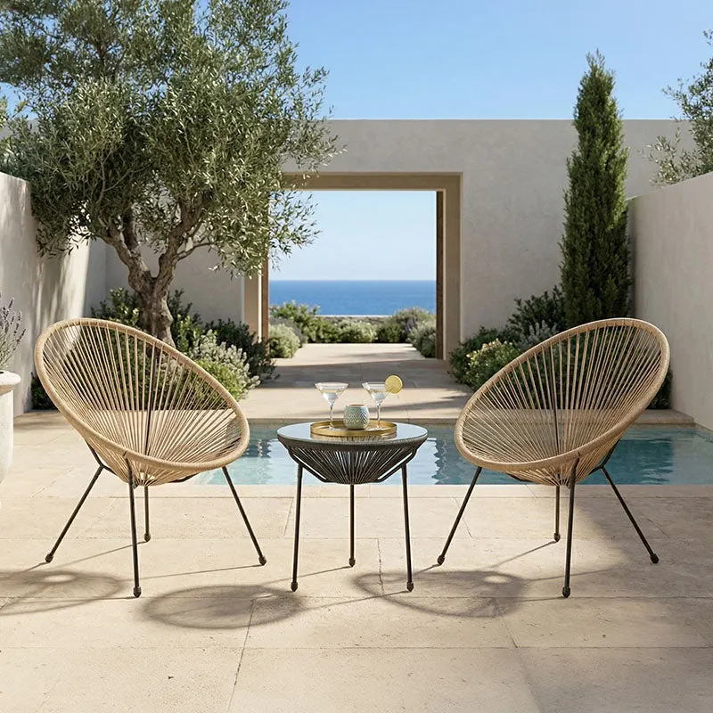 Set lounge exterior Acapulco, 3 piese, metal si ratan PE, Diverse culori, 50x50x52 cm - Negru-Natural