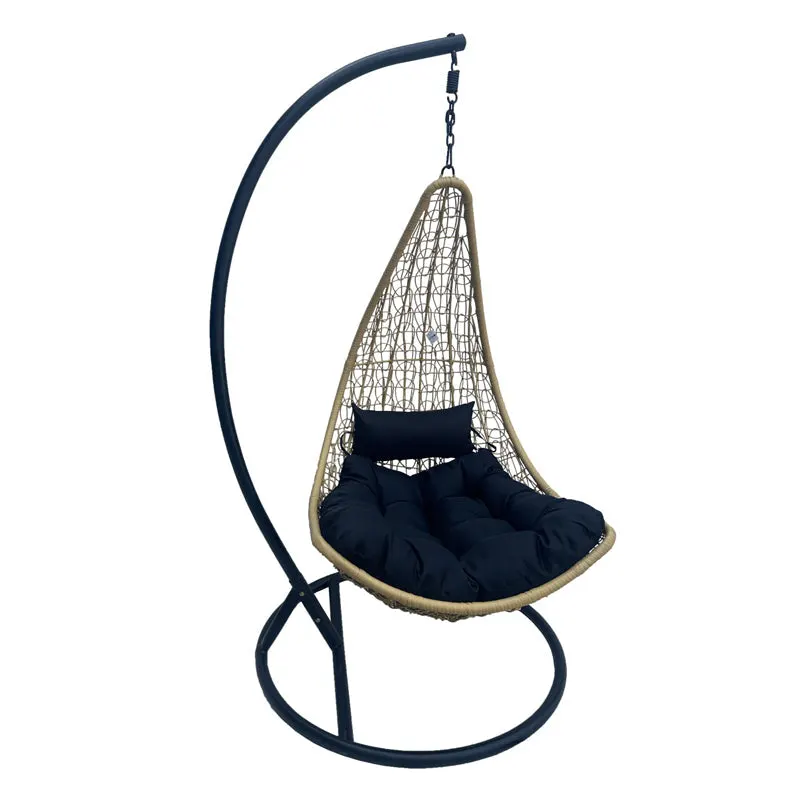 Leagăn tip cuib pe bază Soleil, Metal Negru - Ratan Natural, Pernă, Neagră, 120x95x195 cm - Negru