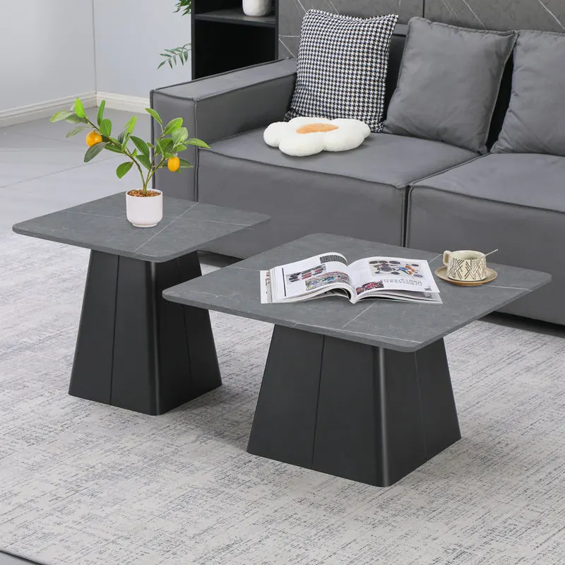 Set mese de cafea pătrate cu bază metalică, piatră sinterizată gri marmură, 2 piese, 80x80x40 cm - Negru