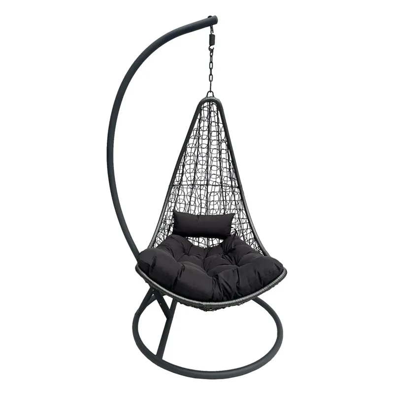 Leagăn tip cuib cu bază Soleil, metal negru, ratan natural, pernă, neagră, 120x95x195 cm - Antracit