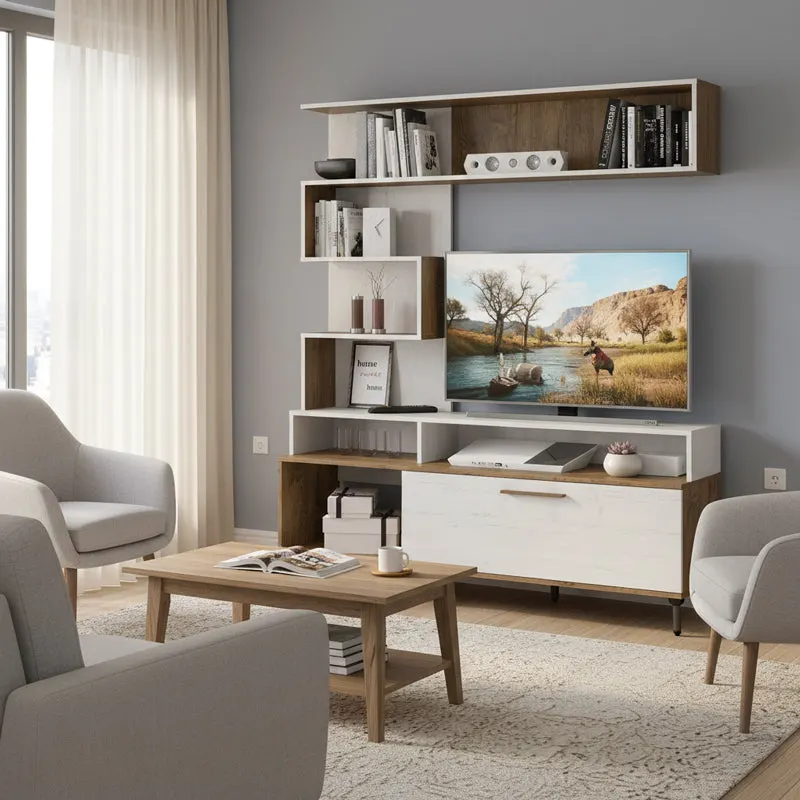 Unitate TV cu funcție de depozitare Jasper, Lemn, Nuc, 151x37x169 cm - Nuc