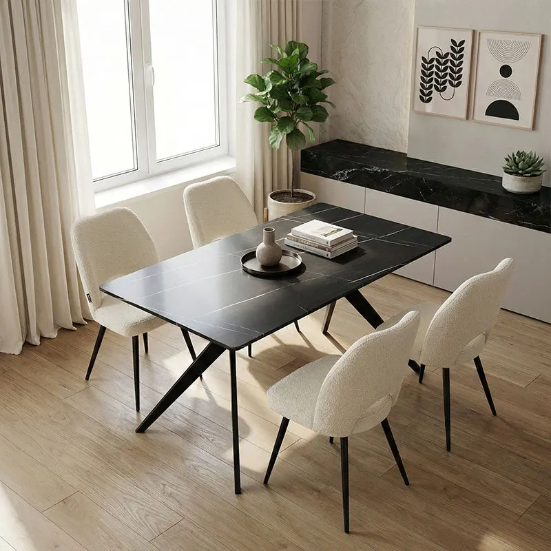 Set mobilier de sufragerie Renish cu Scaune Albe și Masă Ezali Neagră, Lemn/Metal, 140x80x75 cm - Multicolor