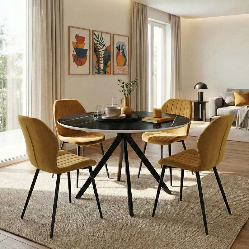 Set de sufragerie cu masă neagră orbitală și scaune galbene Jelour, Metal și Lemn, Masă: , 5 piese, 120x76 cm - Multicolor