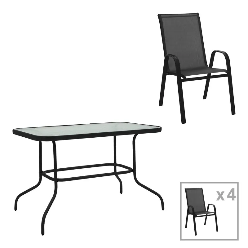 Set de masă cu scaune Valor-Calan, Metal/ Sticlă/ Textilenă, Negru, 110x60x70 cm - Negru
