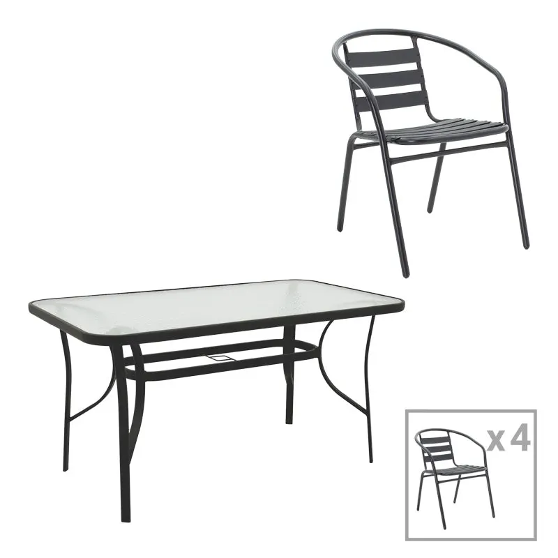 Set masă și scaune Tade-Ensure, Metal și Sticlă, Negru, 140x80x70 cm - Negru