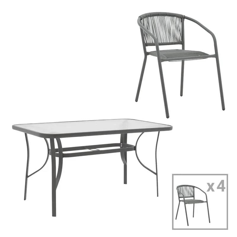 Set masă de sufragerie cu 4 scaune Ensure-Lindaria, Metal și Sticlă, Gri antracit, 140x80x70 cm - Gri