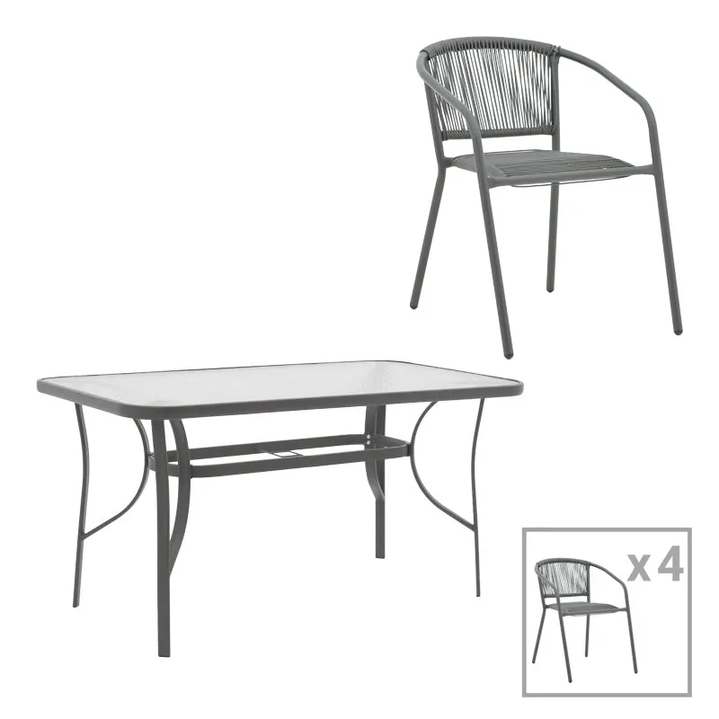 Set masă de sufragerie cu 4 scaune Ensure-Lindaria, Metal/ Sticlă, Gri antracit, 120x70x70 cm - Gri