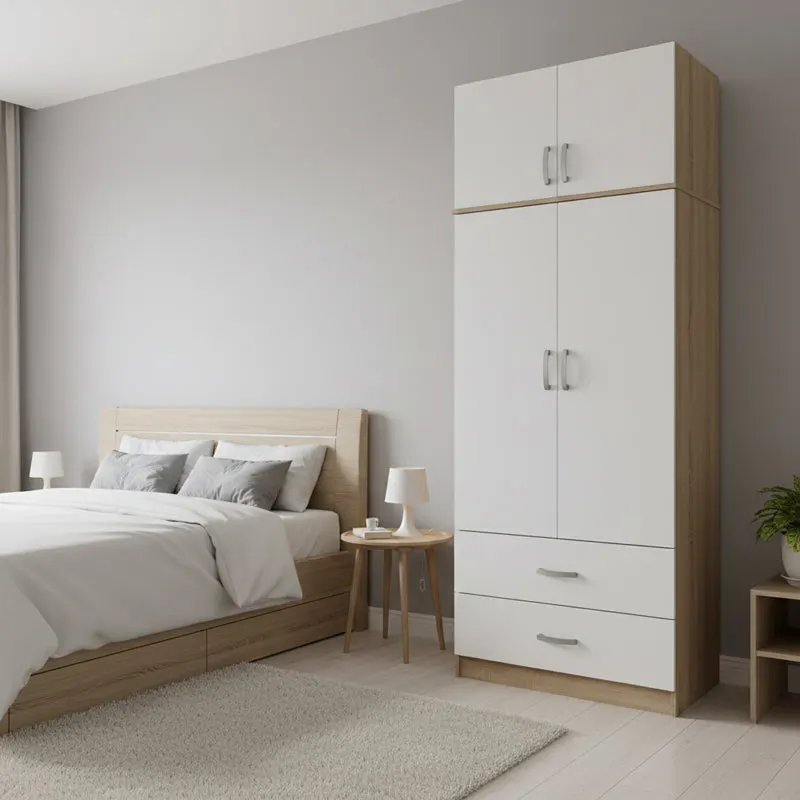 Dulap Athos cu 2 usi, 2 sertare si loft, 80x42x240 cm - Stejar-Alb