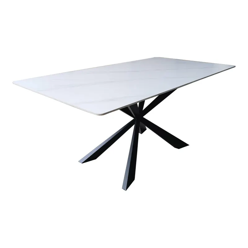 Masă de sufragerie cu blat din piatra sinterizata model Mattias, structura metalica, Alb - Negru, 180x90x75 cm - Alb
