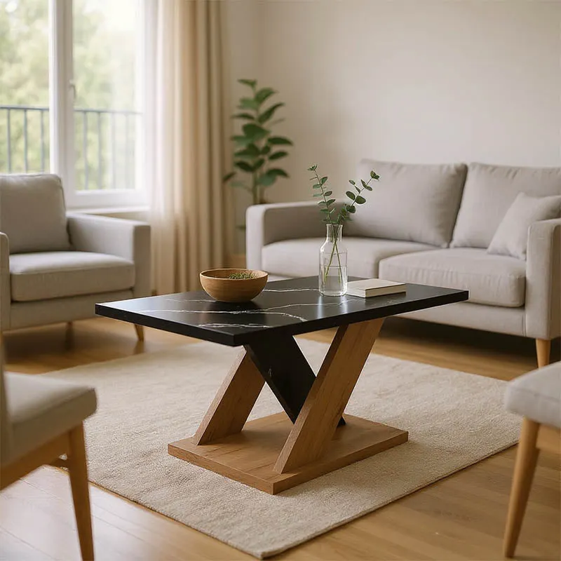 Masa de cafea Solange cu aspect de marmura neagra, Sonoma, 110x55x47 cm - Stejar