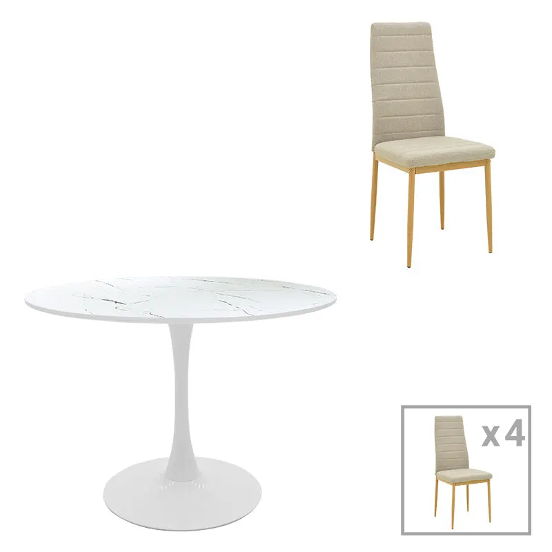 Masă de sufragerie cu set de 5 piese Balou-Parker, și metal, Alb-Bej, 120x73 cm - Alb