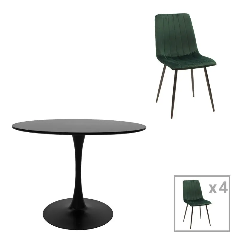 Masă de sufragerie cu 5 scaune Balou-Noor, Negru-Verde, 100x73 cm - Negru
