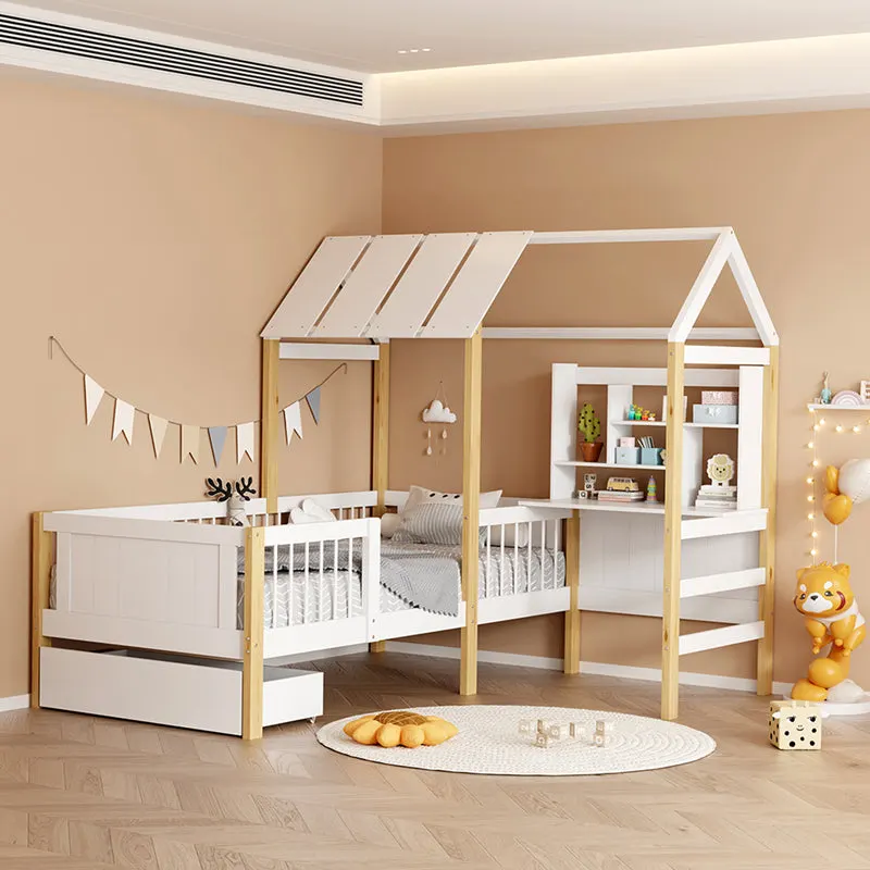 Pat pentru copii cu functie Montessori Bedria, Stil Montessori, Lemn, alb-Natural, 190x90 cm - Alb