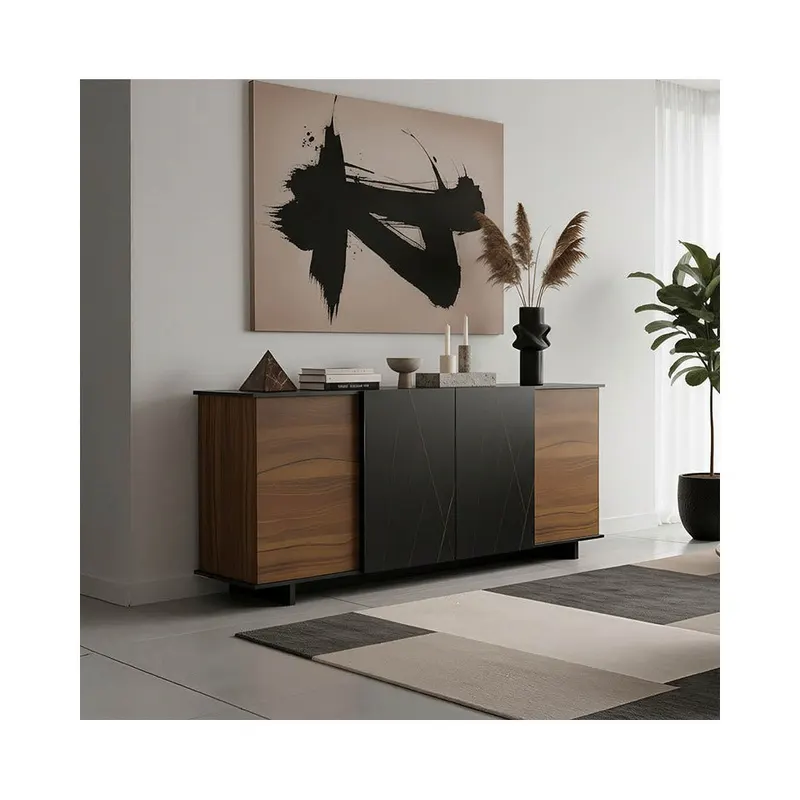 Bufet cu functie de depozitare Zafore, Lemn, Nuc/Marble Negru, 180x45x80 cm - Nuc