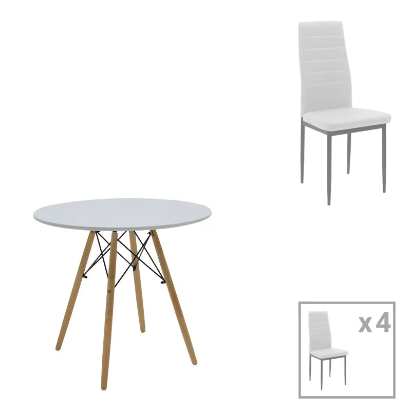 Set de sufragerie Julita-Parker, 5 piese, Alb-Natural, 80x80x73 cm - Alb