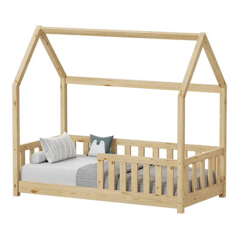Pat copii Bambie cu balustrada tip Montessori din lemn de pin, Natural, 70x140 cm - Natur