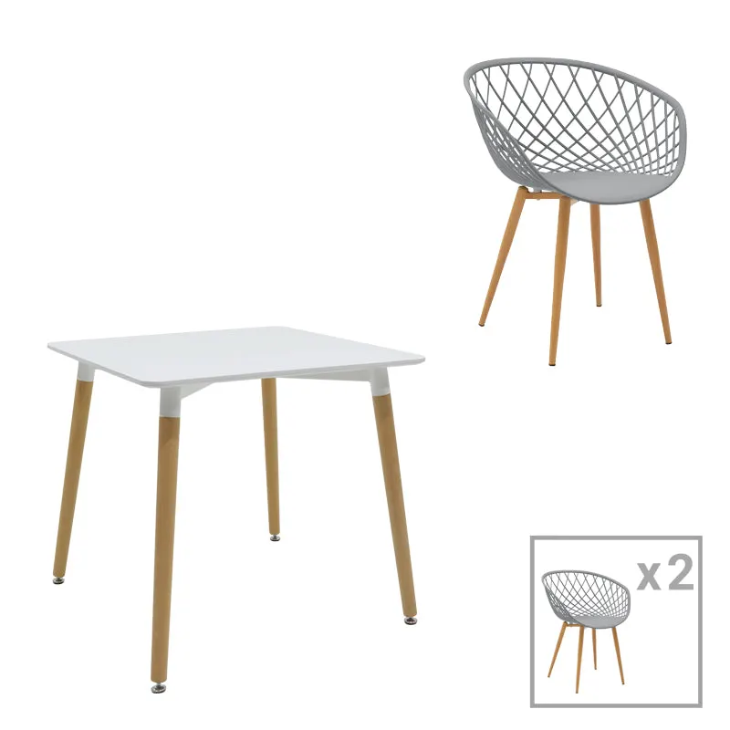 Set de 3 buc mese Ezra Natali, MDF gri alb cu picioare Naturale, 80x80x76 cm - Alb