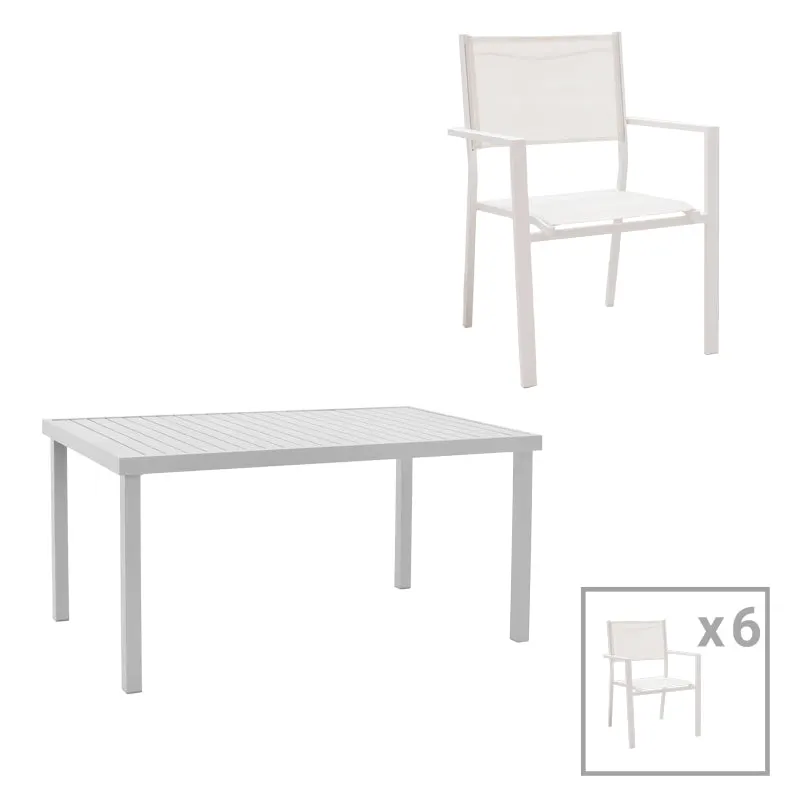 Set de 7 buc masa si scaune de gradina Kliton-Moly aluminiu, alb, 150x80x74 cm - Alb
