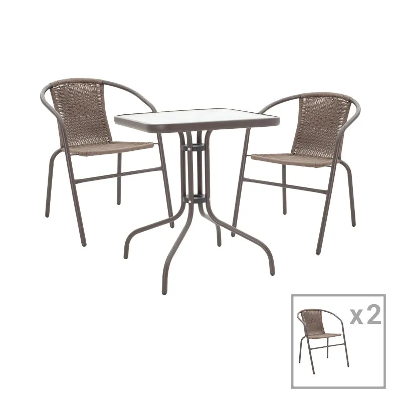 Obbi-Watson set de 3 mese de sufragerie maro din metal-pe ratan, 60x60x70 cm - Maro