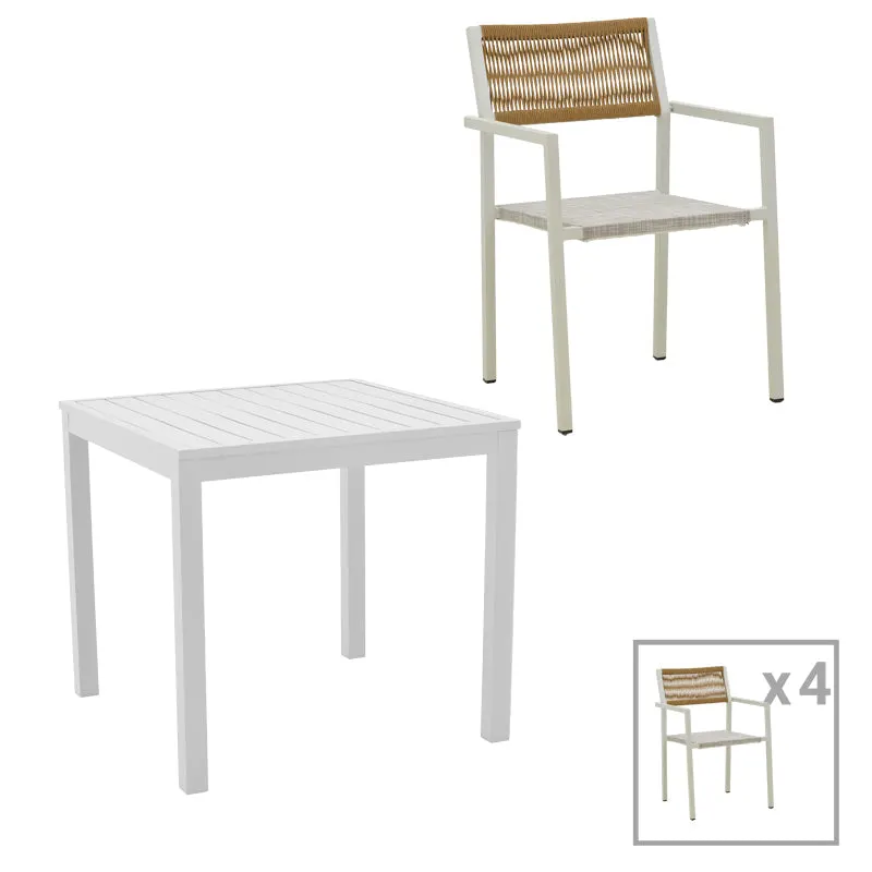 Set de 5 buc masa si scaune de gradina Savor-Kliton aluminiu alb si ratan, Natural, 80x80x74 cm - Alb