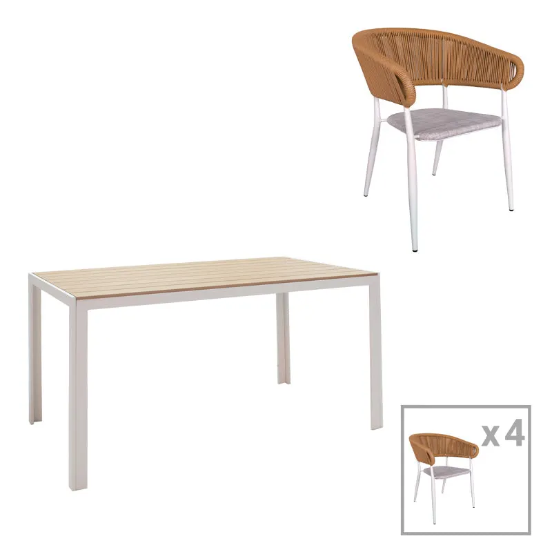 Set de 5 buc masa si scaune de gradina Nares-Raven aluminiu alb si placaj, Natural, 140x80x72 cm - Alb