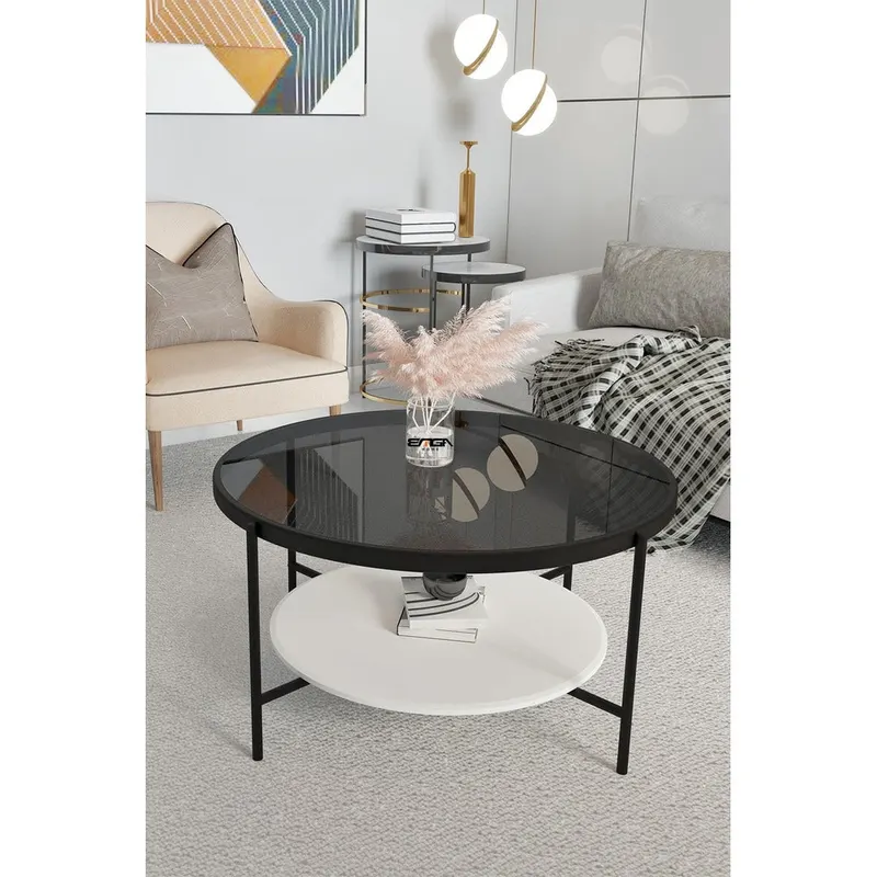Masă de cafea Oslo Mirosa, pin antic, negru, fume-alb, 75x75x45 cm - FumenWhite