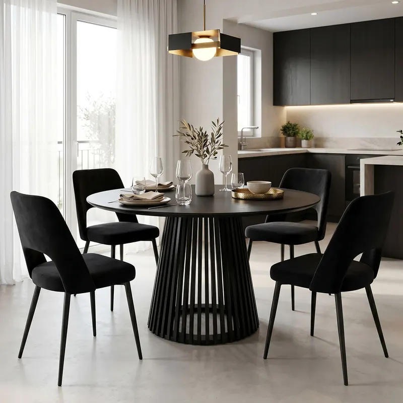 Set masa si scaune Murde Chairs Black, MDF, Negru, D120x75 cm - Negru