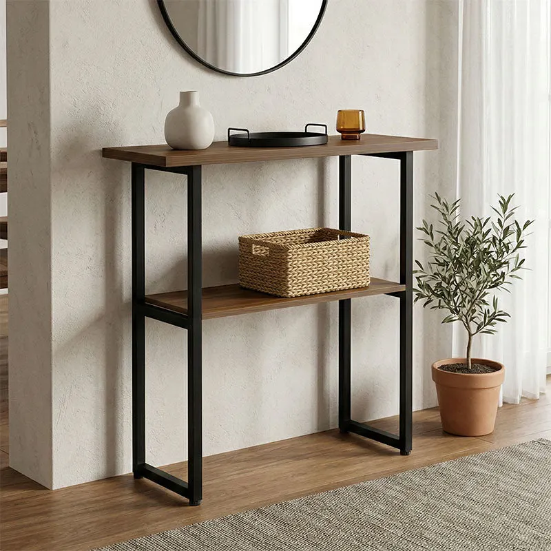 Consolă cu rafturi Solain, Modernă, Metal și Lemn, Nuc, 79x29x85 cm - BLACK - WALNUT