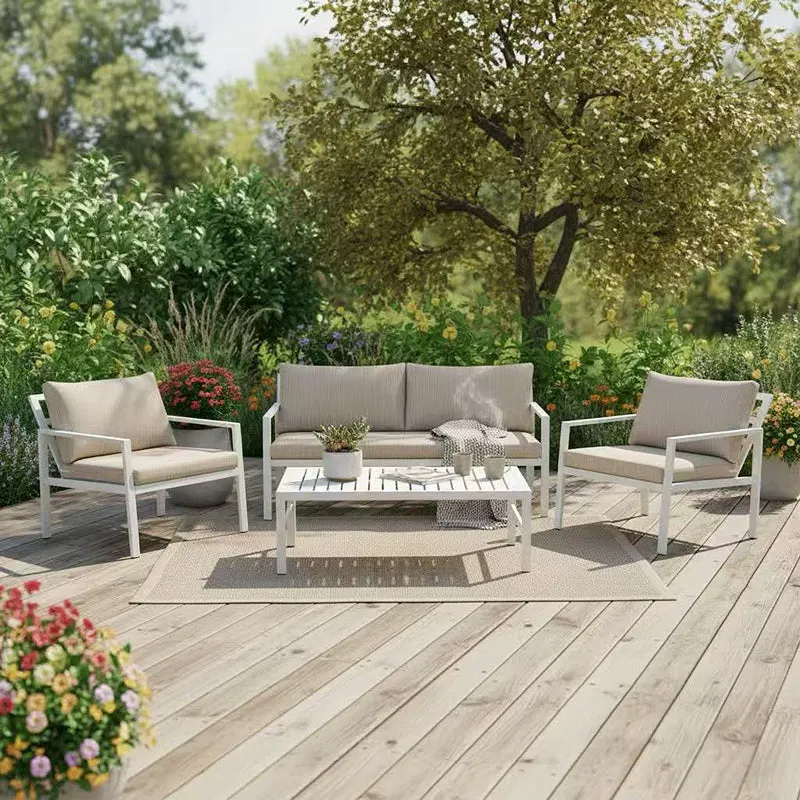 Set Mobilier Grădină cu Perne, Gardenly, Lounge, Aluminium & Bej, Set 4 Piese, 141x69x72 cm - Alb
