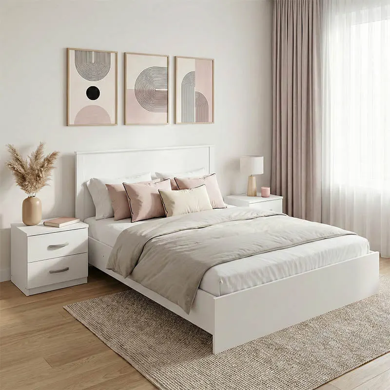 Set dormitor Athos, pat cu spațiu de depozitare, pat: , Set 3 piese, Alb, 140x200 cm - Alb