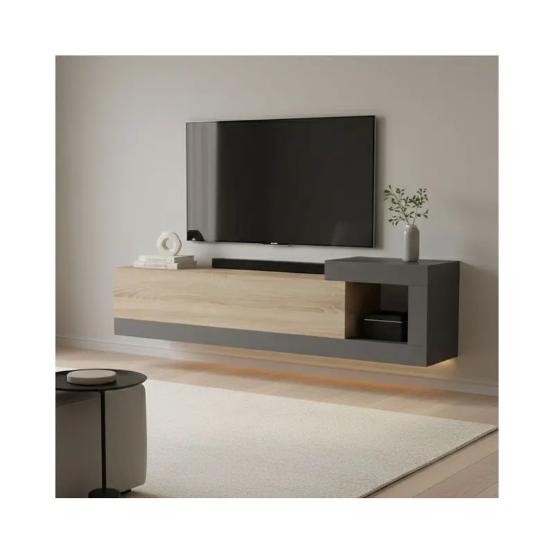 Dulap TV de perete cu montare Flato, Lemn, Sonoma-Antracit, 150x29x38 cm - Stejar