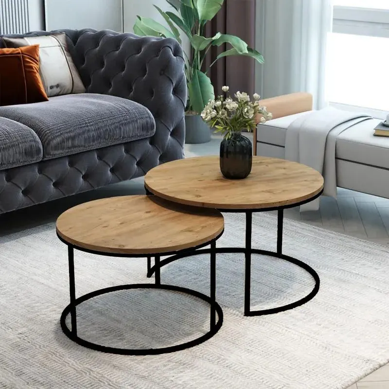Mese de cafea set 2 piese Solme, Lemn și Metal, variate, 75x75x45 cm - Negru