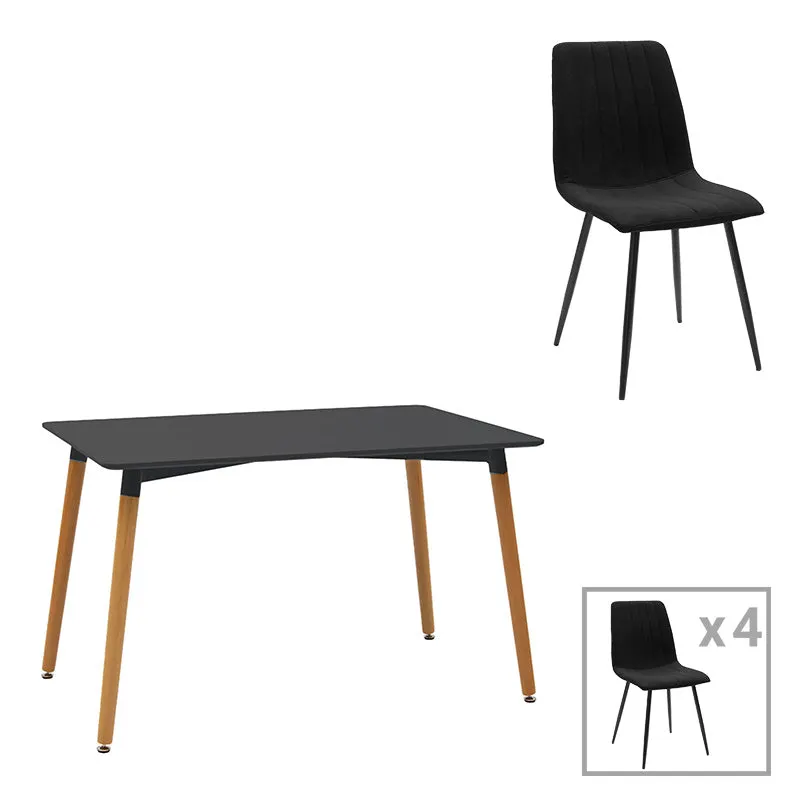 Set mobilier de sufragerie cu Masă și 4 Scaune, Natali-Noor, Negru, Picioare Lemn, 120x80x76 cm - Negru