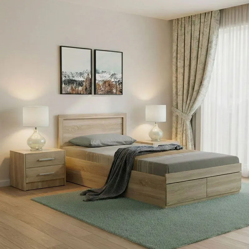 Set Mobilier Dormitor cu Pat Orion, Lemn, 100x200 cm - Stejar