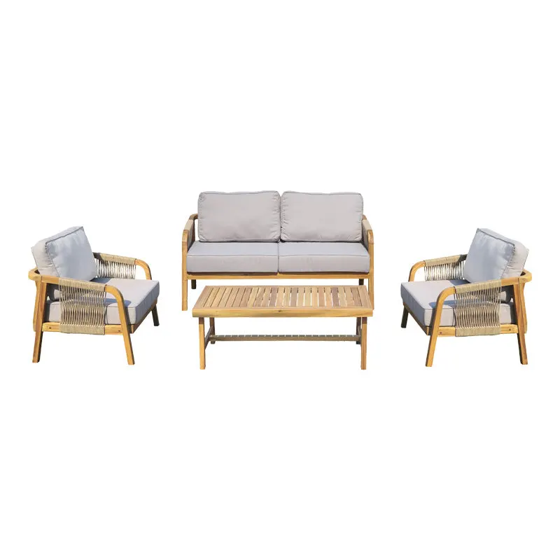 Set mobilier de exterior cu pernute, Malibu II, lemn de acacia cu sfoară, pentru relaxare în grădină, ajustabile, natural, 128x76x65 cm - Natur
