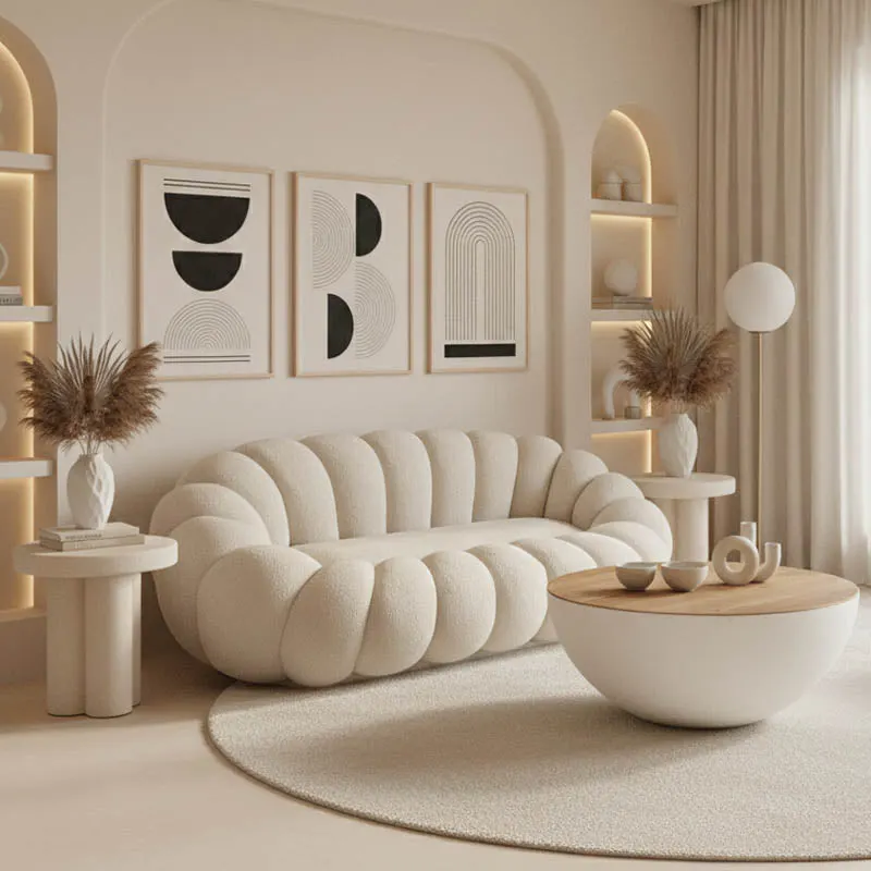 Canapea cu funcție Embrace, Țesătură bouclé, Bej - Roz, 180x105x65 cm - Bej
